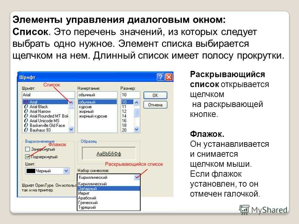 Область документа. Элементы управления. Управление диалогового окна. Название элементов диалогового окна. Перечислите управляющие элементы диалогового окна.