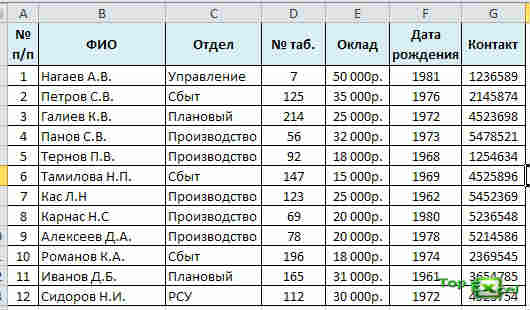 Таблица в эксель образец